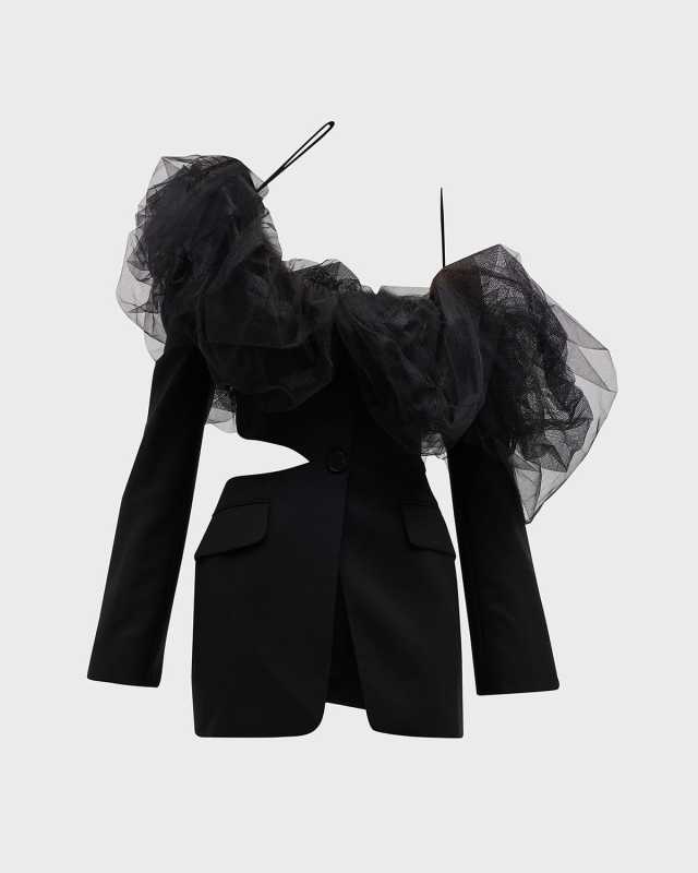 Cutout One-Shoulder Ruffle Single-Breasted Blazer